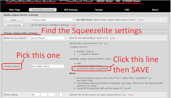 Picture of piCorePlayer Squeezelite settings screen